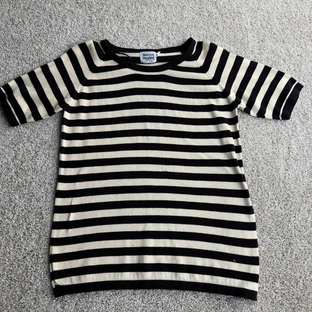 Vintage Bianca Nygard Shirt Womens Small Black Beige Striped Raglan Boat Neck